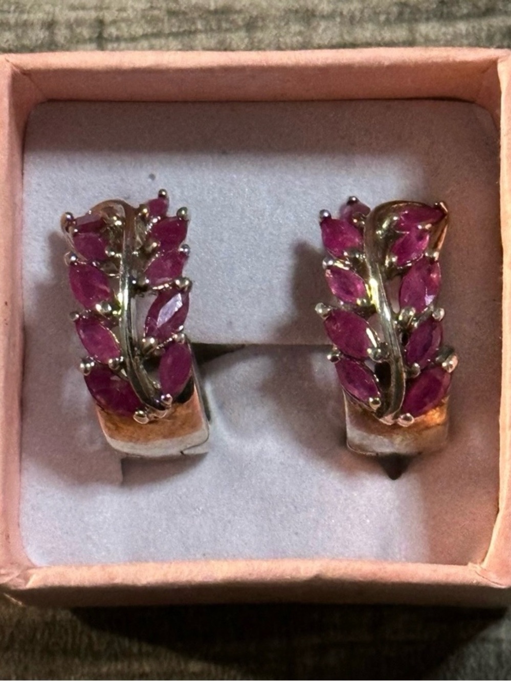 Vintage Sterling Silver Pink/Red Ruby Hinged Huggie Earrings For Pierced Ears